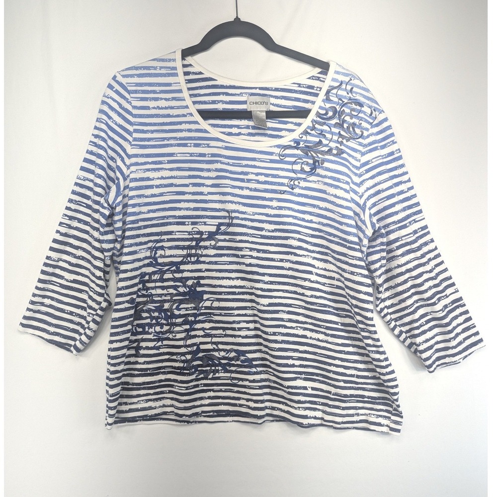 Chicos Blue White Striped 3/4 Sleeve Scroll Embroidered Top Size 3 XL